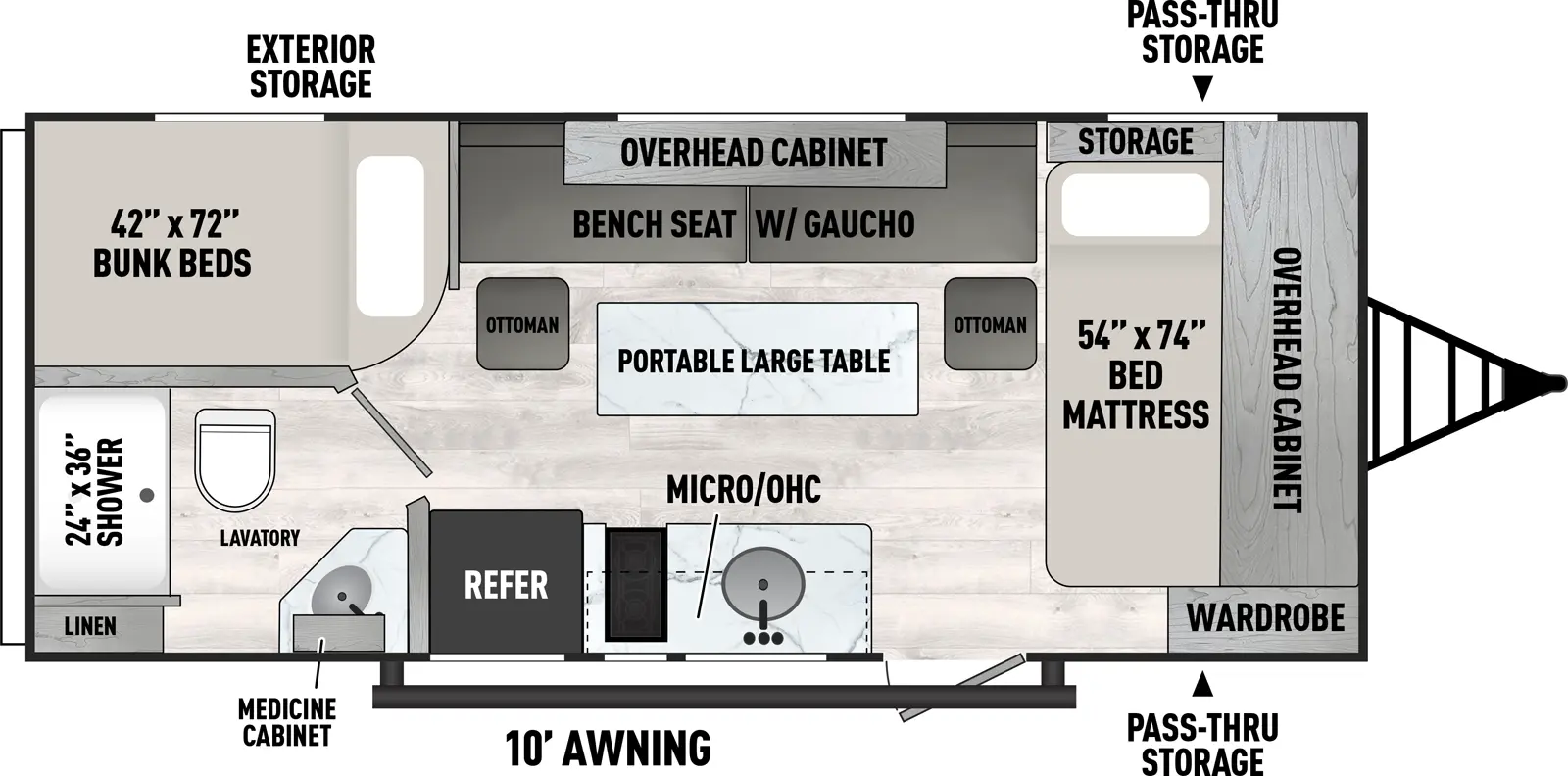 The Clipper Travel Trailers 18BH has one entry and zero slide outs. Exterior features include: metal exterior and 10' awning. Interiors features include: bunk beds and front bedroom.